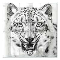 Stilvolle Glas-Wanduhr Glasuhr Aus Glas Schneeleopard WeißE Zeiger 60X60 Cm