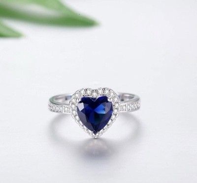 Beautiful Blue Sapphire CZ Halo Heart Ring Size 10