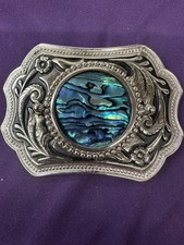 Abalone Shell Belt Buckle Silvertone  Black Inlay 3-1/2x2-1/2 Unbranded VGC