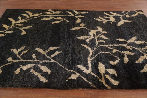 Contrmporary Black Nature Print Abstract Indian Area Rug 5'x8' Hand-made Carpet - Picture 9 of 12