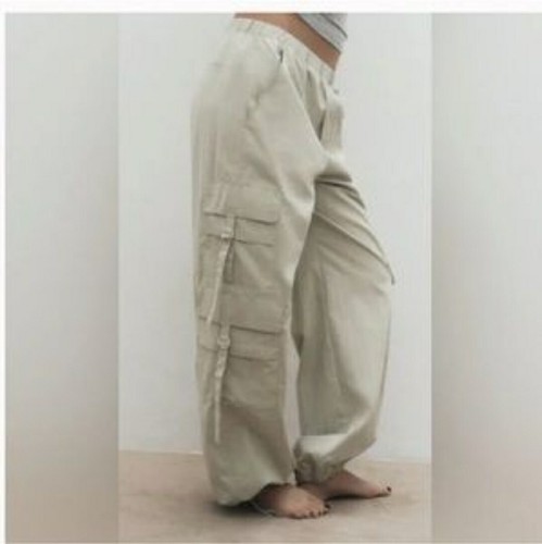 NEW NWT ZARA XXL Beige Nylon Wide Leg Parachute Trousers Cargo Pants 7 Pockets - Picture 2 of 10