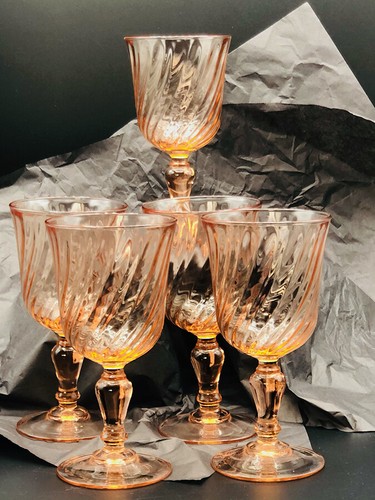 Vintage MCM Cristal D’Arques-Durand France Rosaline Pink Swirl Water/Wine 5 Set - Picture 7 of 12