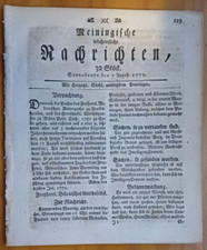 Meiningen 7.8. 1779 Zeitung Getreide-Fleisch-Preise London