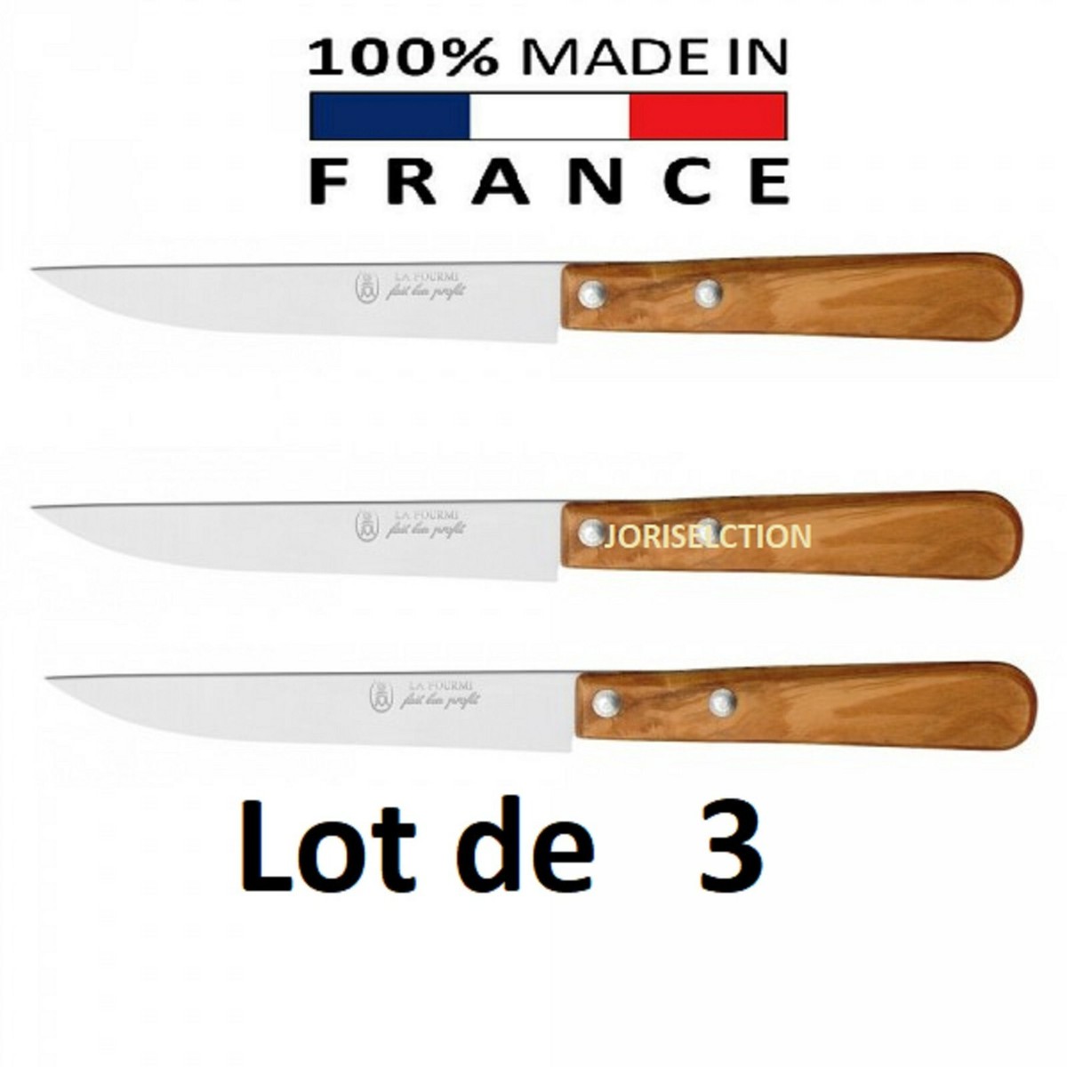 Lot De 3 Couteaux à Steak En Inox - Lame 10 Cm, Manche En Bois D'Olivier, Marque La Fourmi, Neuf