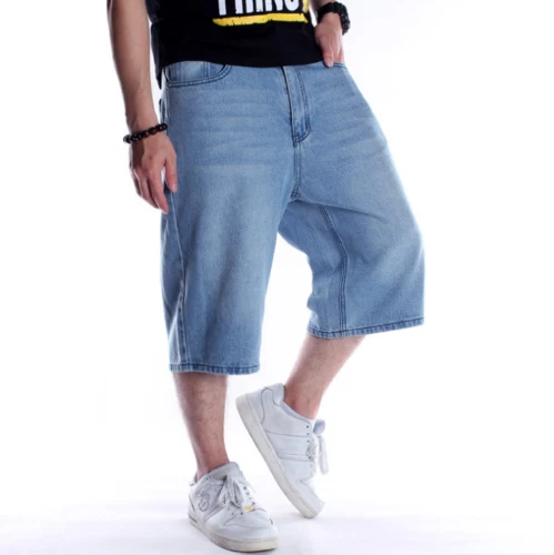 Mens Denim Short Jeans Capri Pants Relaxed Hip Hop Baggy Street Loose Trousers