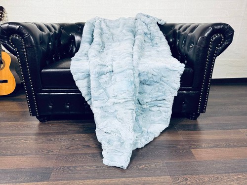 Luxurious Rex Rabbit Fur Blanket Throw Light Blue • Handmade Fur Sofa Cover - Picture 2 of 9