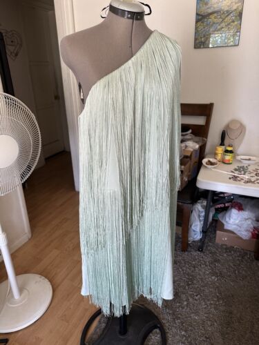 anthropologie Hutch One Shoulder Fringe Dress Size 2X Pale Green