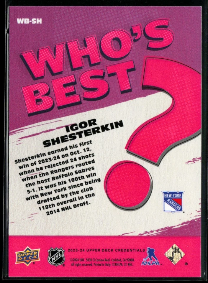 2023-24 Upper Deck Credentials Who's Best? #WB-SH Igor Shesterkin - Image 2 of 2