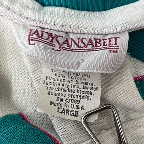 Lady Sansabelt Vintage 90s Striped Polo Short Sleeve Shirt Large Collarless - Picture 5 of 8