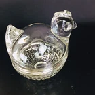 Vintage Anchor Hocking Clear Glass Chicken Covered Round Trinket /Sugar Dish