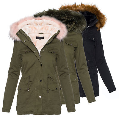 Damen Winter Jacke Kunstfellfutter Parka warm Kapuze mit Kunstpelz