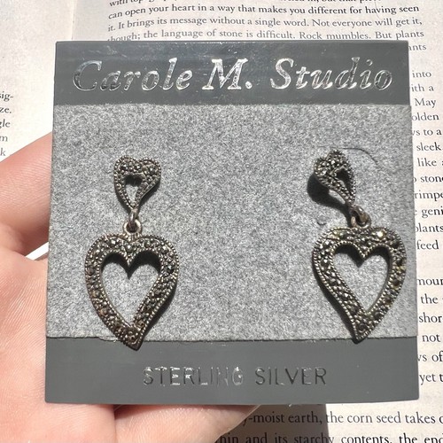 Vintage DEADSTOCK Carole M Sterling Silver Marcasite Heart Earrings
