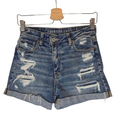 AMERICAN EAGLE Mom Shorts Distressed Jean Cutoffs Women 2 High Rise Blue Cuffed