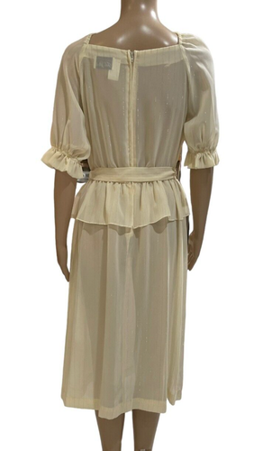 Vintage John Roberts Ivory Lurex Sheer Peplum Square Neck Midi Dress Size 11-12 - Picture 5 of 7