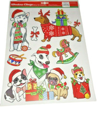 Christmas Dogs Husky Pug Doxie Window Clings Sticks Windows Fridge Computers