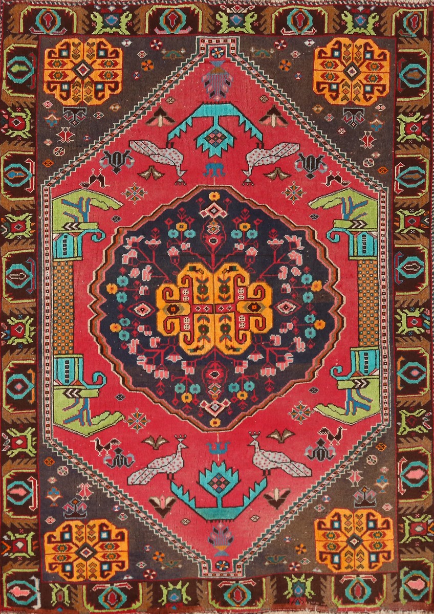 Geometric Wool Abadeh Nomadic Rug 4x5 Hand-knotted Animal Design