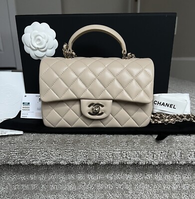 Chanel 25P Single Flap Classic Mini Top Handle Bag Beige Lambskin
