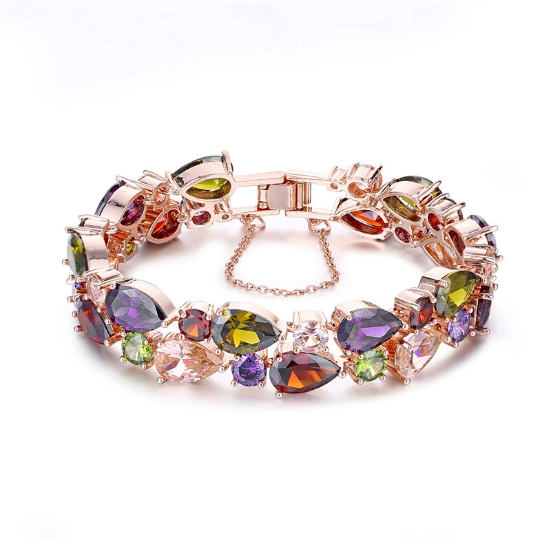 Pulseras de oro rosa con dije de piedras preciosas granate peridoto amatista Mona lisa para mujer niña Foto 3 de 4