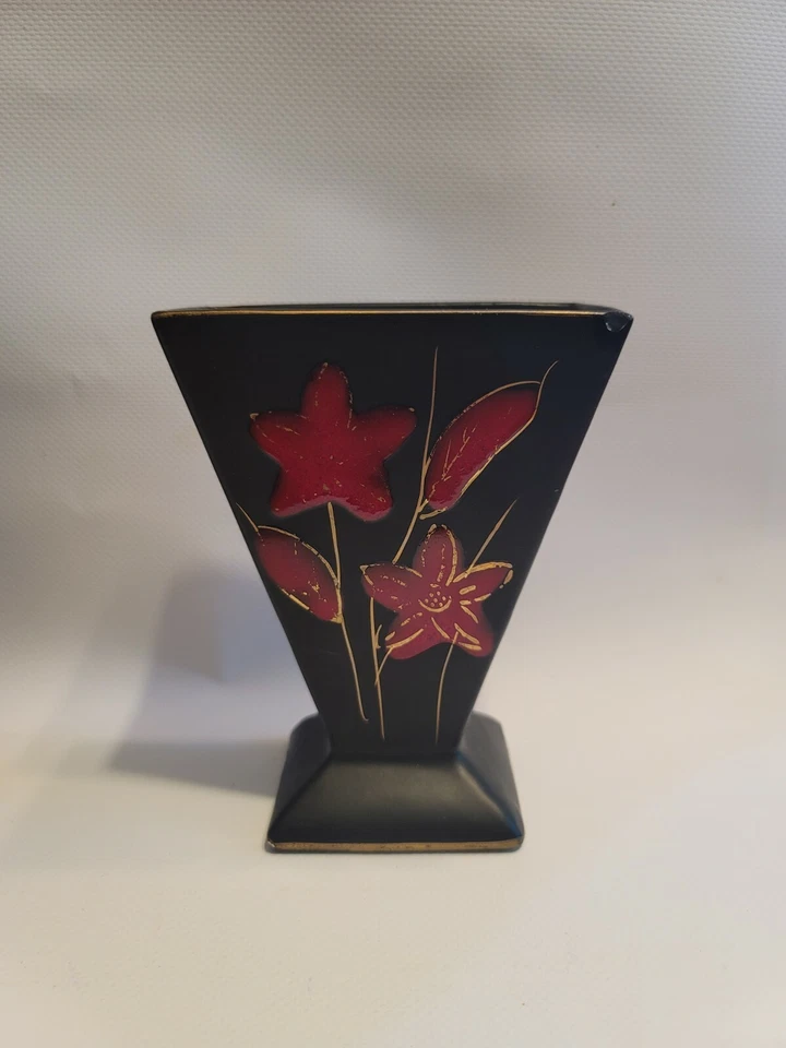 3 jarrones vintage de laca negra - diseñados con flores de oro rojo  Foto 2 de 4