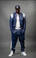 Men Lambskin Leather Track Suit Sweatsuit Navy Men Jogging Tracksuit Blue/White