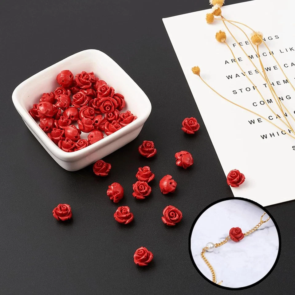 100 PIEZAS Cuentas de Rosa de Cinabrio, Cuentas de Flores Talladas en Rojo, Cuentas de Poni Rosa Roja, Mini V Foto 3 de 4