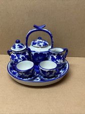 Early 1990  s Ranger Hand Painted Mini Tea Set Thailand Blue White OB