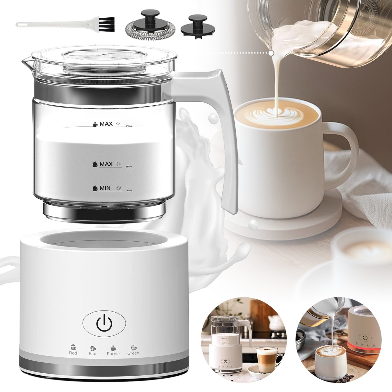 4 in 1 Milchaufschäumer Elektrisch 500ml Glas für Heiße Kalte Milch Cappuccino