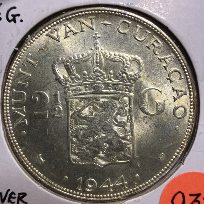 1944 D Curacao 2 1/2 Gulden 0.5787 oz. ASW H20125