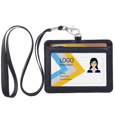 Teskyer Badge Holder with Lanyard, Leather ID Name Horizontal, Black