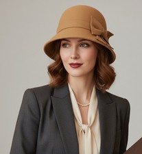 D Y Womens Classic Bow Accent Wool Cloche Hat Bell-Shaped Tan Camel One Size