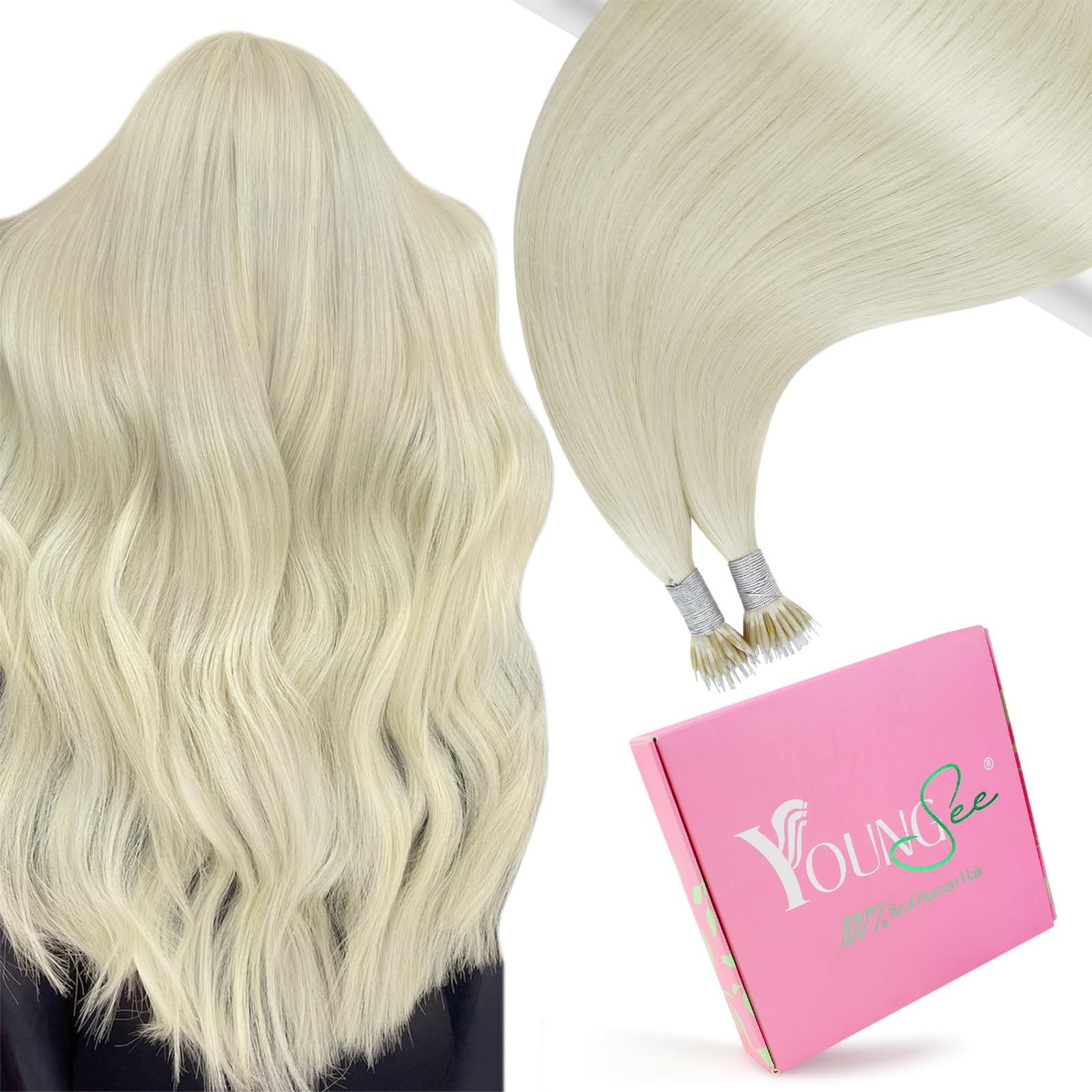 YoungSee Nano Ring Hair Extensions Platinum Blonde 20 inch Nano Human Hair Exten