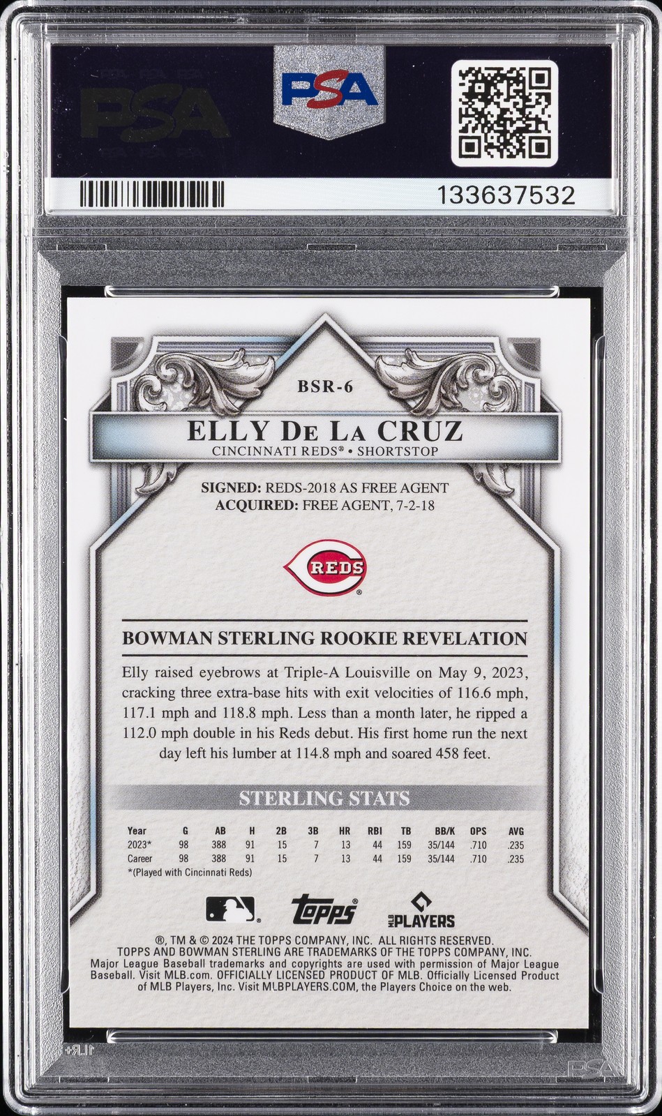 2024 BOWMAN STERLING ROOKIES RED REFRACTOR #BSR6 ELLY DE LA CRUZ RC 4/5 PSA 10 view 2
