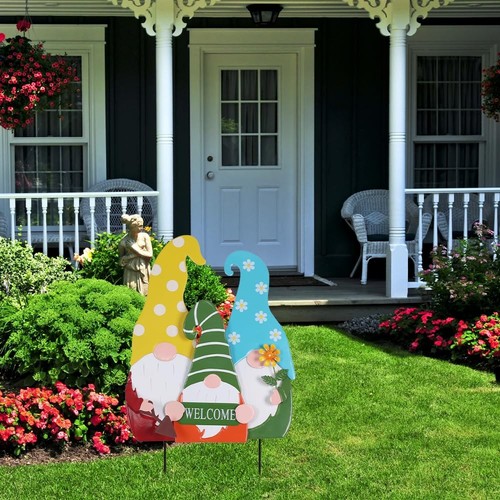 Garden Decor for Outside, 28” Metal Family 3 Gnomes Decorative Garden Stakes ... - Picture 7 of 8