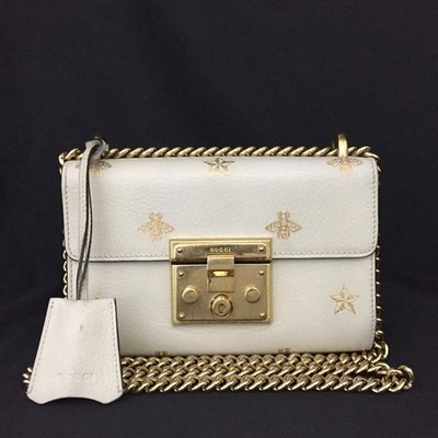 EGA GUCCI Padlock Small Bee Star Leather Chain Shoulder Bag Ivory/7CA0623
