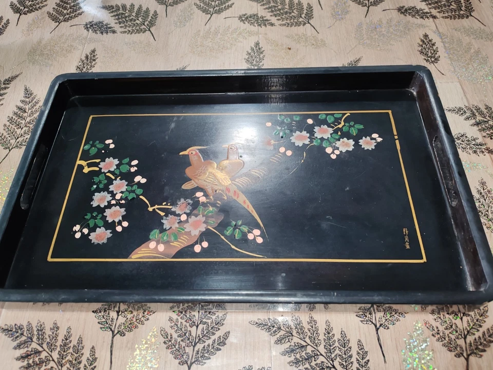 ancien plateau laque noir decor Oiseaux 🐦 Fesant table service Chinois Signé  - Photo 2/4