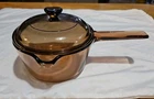 Vintage CorningWare Vision 1 L Amber Saucepan Pot w/ Spout & Pyrex V-1-C Lid