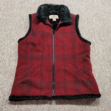 Woolrich Vest Women Medium Red Buffalo Plaid Wool Blend Plush Fur Lined Full Zip