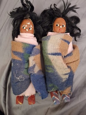 2 Early Skookum Indian Bully Made Native American Dolls Shoes with Label 8''