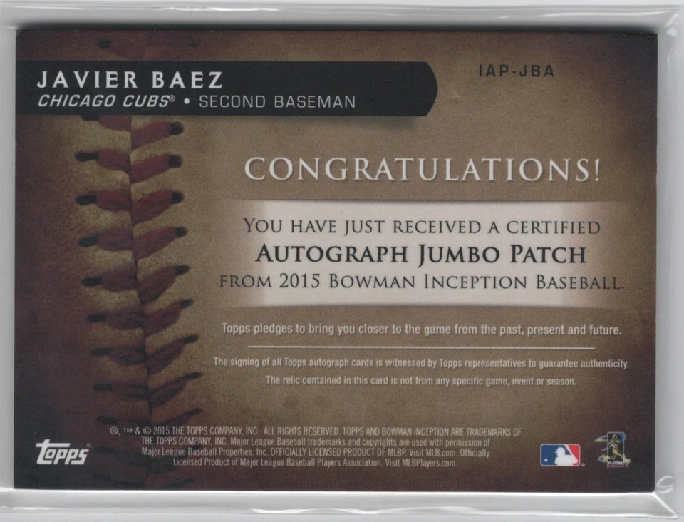 2015 Bowman Inception Javier Baez Auto Jumbo 3 Color Patch / 50 IAP-JBA - Image 2 of 2