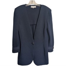 St John Knit Long Blazer Cardigan Navy Blue One Button Wool Blend Size 12