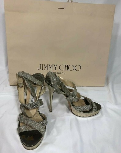 Authentic Jimmy Choo Women's High Heels Shoes Sandals Silver Sequins Strappy 8.5 - Picture 3 of 12
