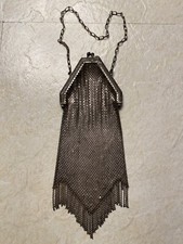 Antique 1910s Vintage Silver Metal Mesh Fringe Ladies Cocktail Purse Bag