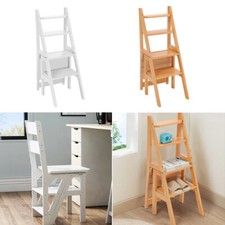 4 Steps Wooden Folding Ladder Chair Kitchen Library Stair Chair Flower Stand