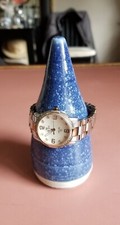 Blue Ring Wristwatch Display 7"x5" Round Cone Handmade Pottery Marked On Bottom 