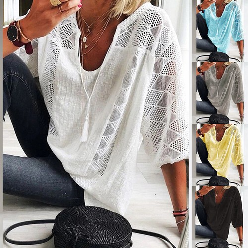 Autumn Cotton Linen Baggy Tunic Tops Women Summer Beach Blouse Shirt Cover Up US