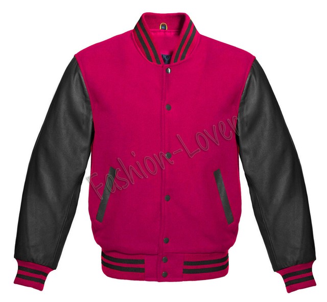 Varsity Letterman Baseball Hot Pink Wool & Black Leather Sleeves jacket