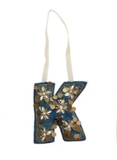Creative Co-Op Monogram Initial Blue Velvet Beaded Ornament Letter "K" 3 1/2"H