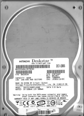 HITACHI HDS721680PLA380 82GB SATA HARD DRIVE  P/N: 0A33534  MLC: BA1957