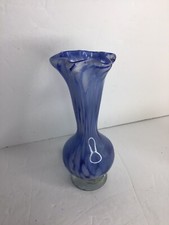 Handblown Blue Art Glass Ruffled Top Stretch White Splatter Vase 6 3/4" Preowned