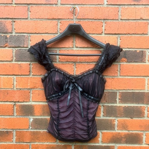 Parasuco Y2K Fairy Mesh Milkmaid schwarz transparent über rosa Rüschen Taillenbund Top Gr. S - Bild 12 von 12